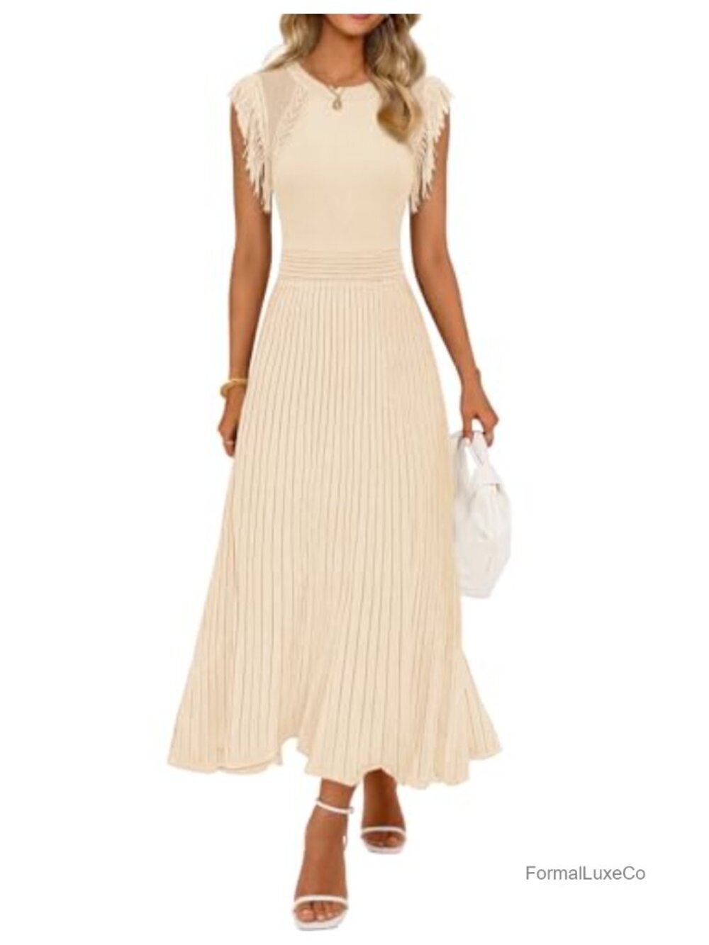Women's Sleeveless Fringe A Line Pleated Midi Dress Ribbed Knit